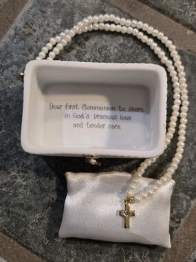 First Communion Pearl Necklace with Gold Cross